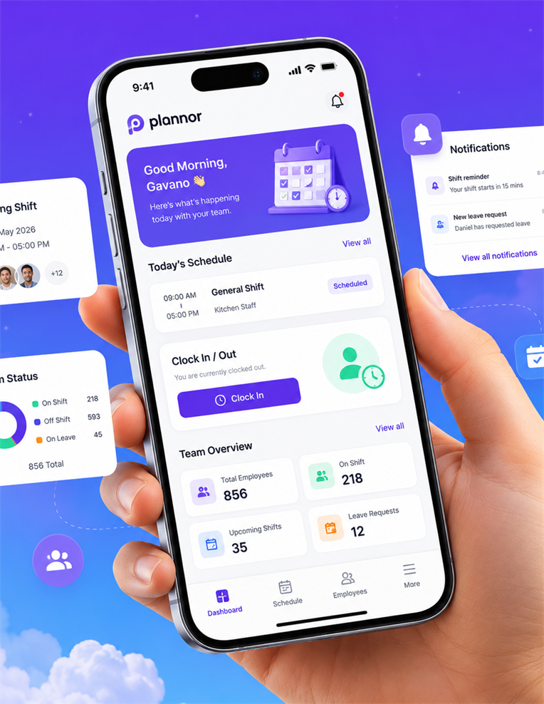 Plannor mobile app for staff clock-in, schedules and notifications